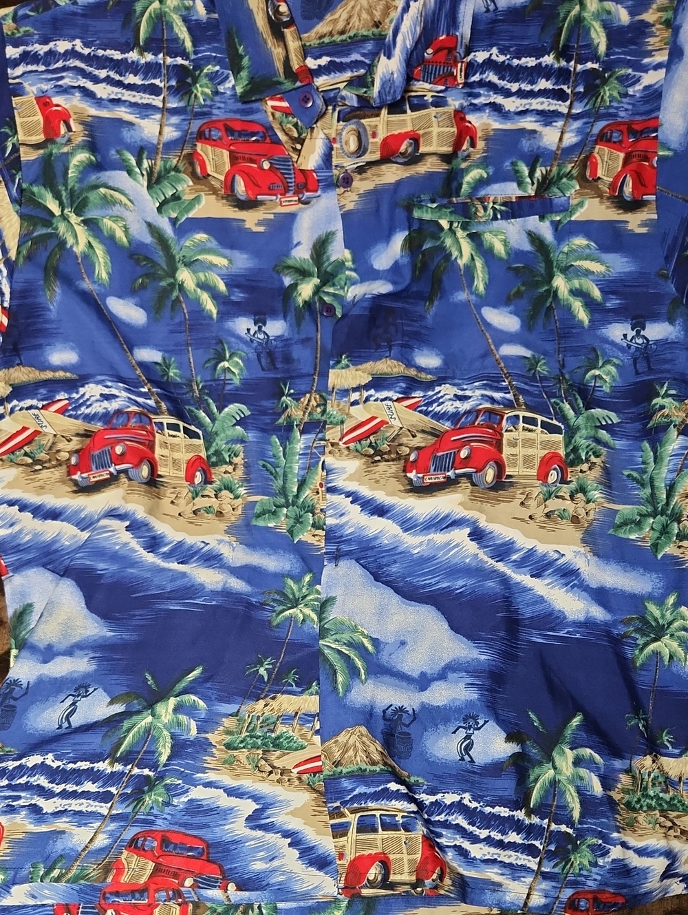 Mens Blue Tropical Surf Print Button Down Size Large Paradise Brand Silky Feel